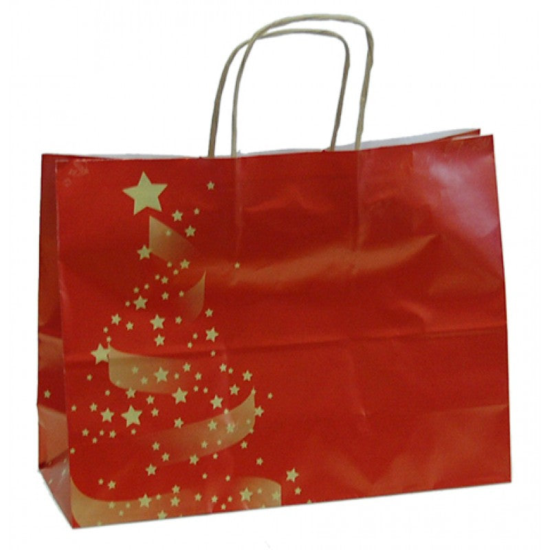 Sacos Asa Torcida Couché - Vermelho e Dourado - "Árvore de Natal"