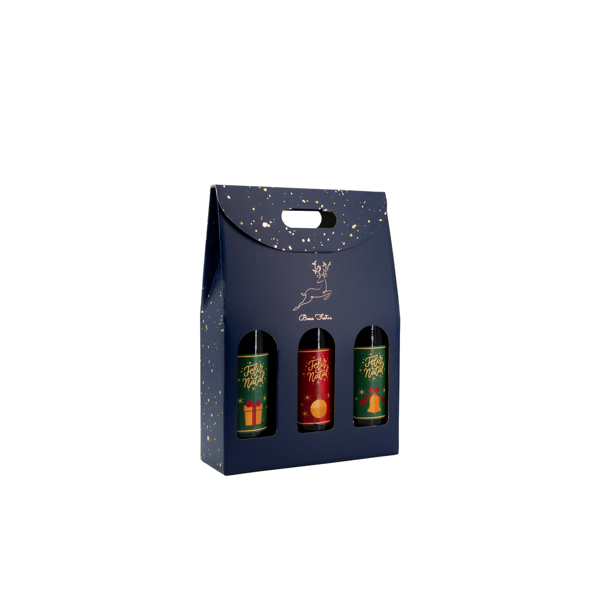 Caixas com Janela para Garrafas - Azul, Dourado e Branco - "Noite Feliz"