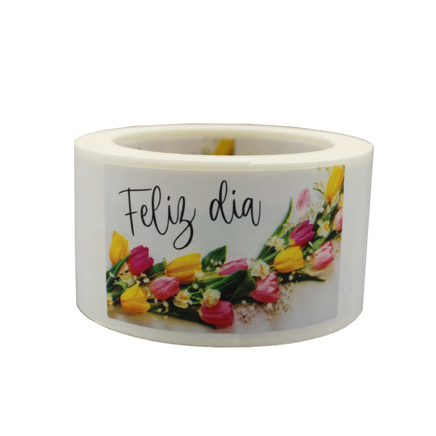 Etiqueta Adhesiva Horizontal - Multicolor - "Feliz Día/Tulipanes"