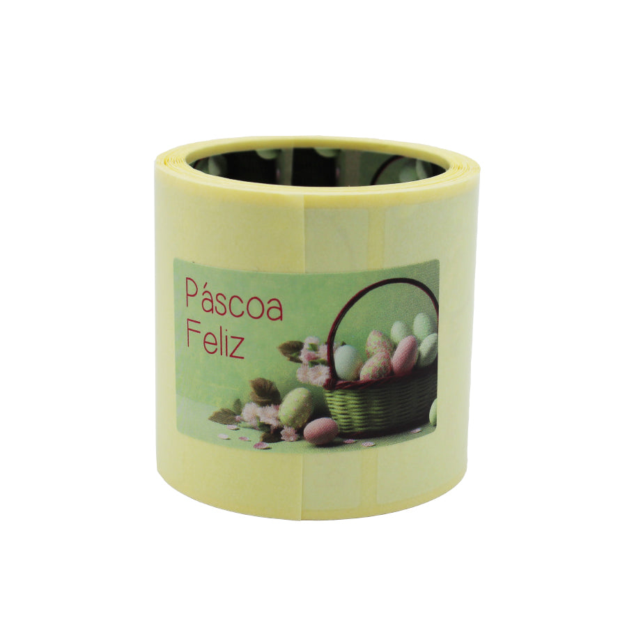 Etiqueta Autocolante Horizontal - Verde - "Páscoa Feliz/Cesta com Ovos"