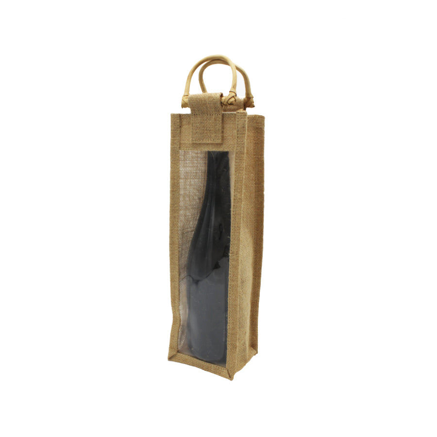 Jute Bag with Handle and Window for Bottles - Brown