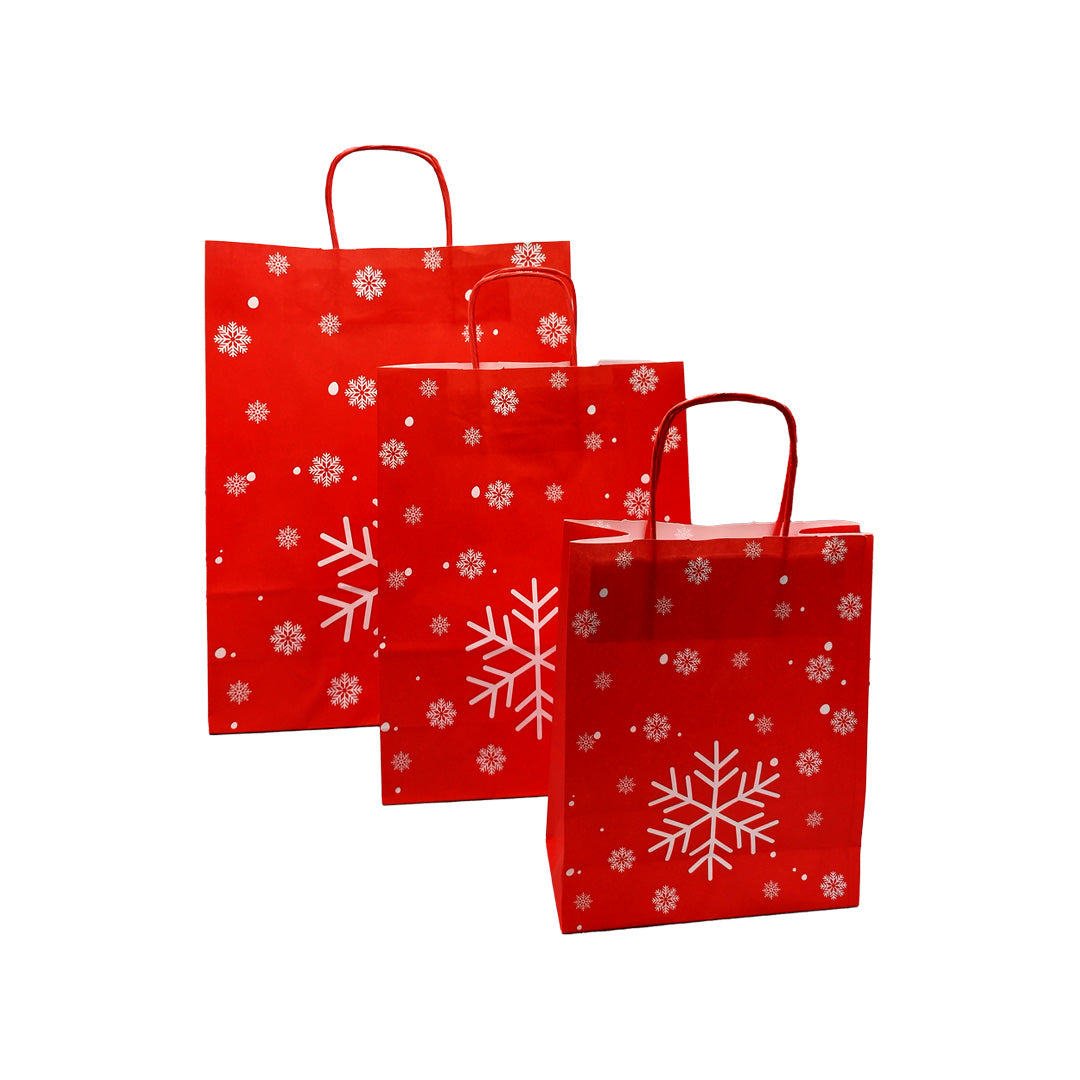 Bolsas Asa Retorcida Kraft Blanco - Rojo - "Copos de Nieve"