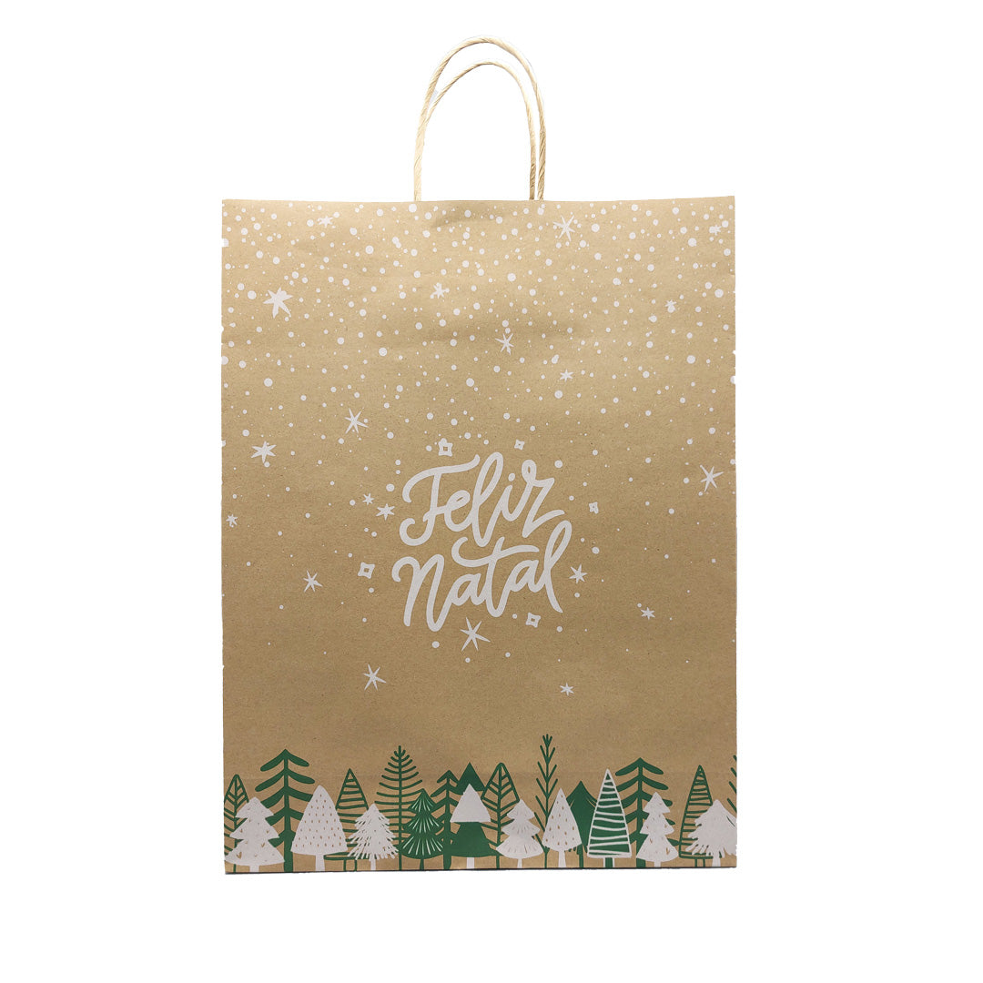 Bolsas Asa Retorcida Kraft Natural - Verde y Blanco - "Feliz Navidad"