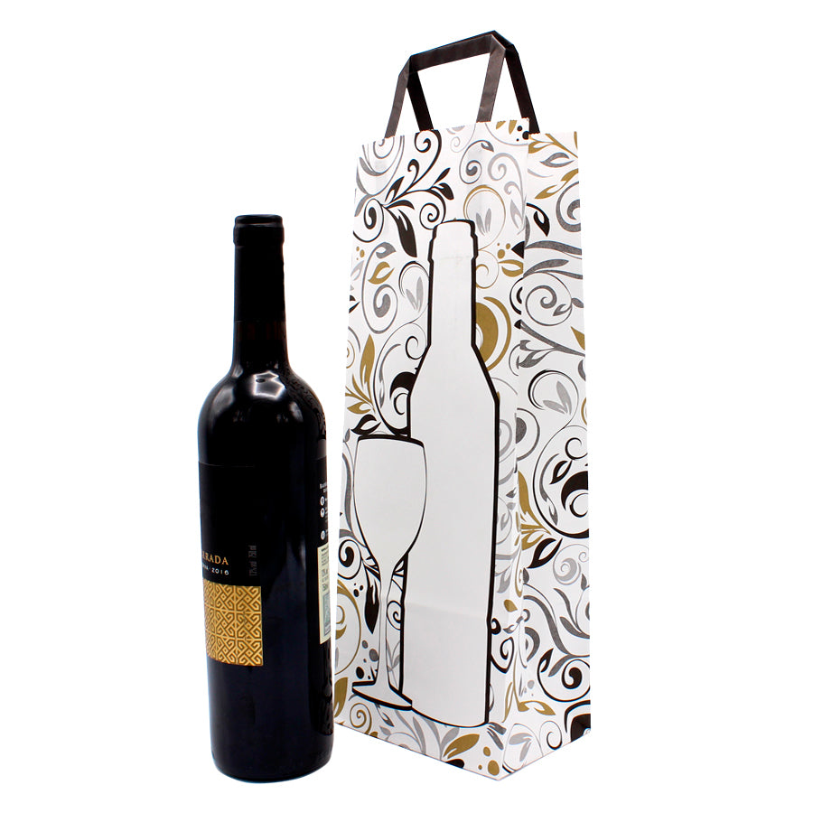 Flat Handle White Kraft Paper Bags for Bottles - White, Silver, and Gold