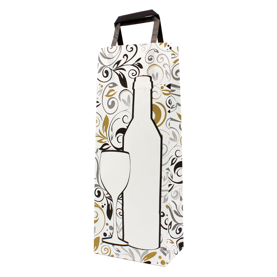 Flat Handle White Kraft Paper Bags for Bottles - White, Silver, and Gold