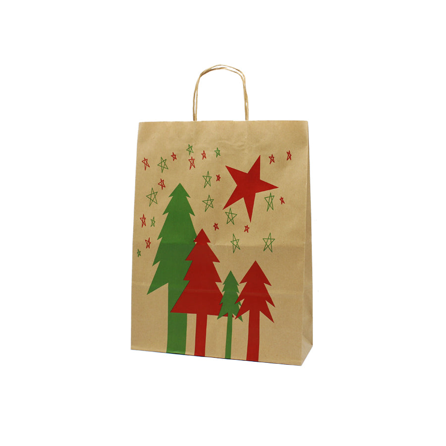 Sacos Asa Torcida Kraft Natural - Vermelho, Verde e Kraft - "Pinheiro com Estrela"