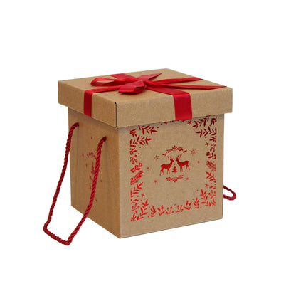 Cardboard Box with Lid and Drawstring Closure - Kraft and Red - "Reindeer"