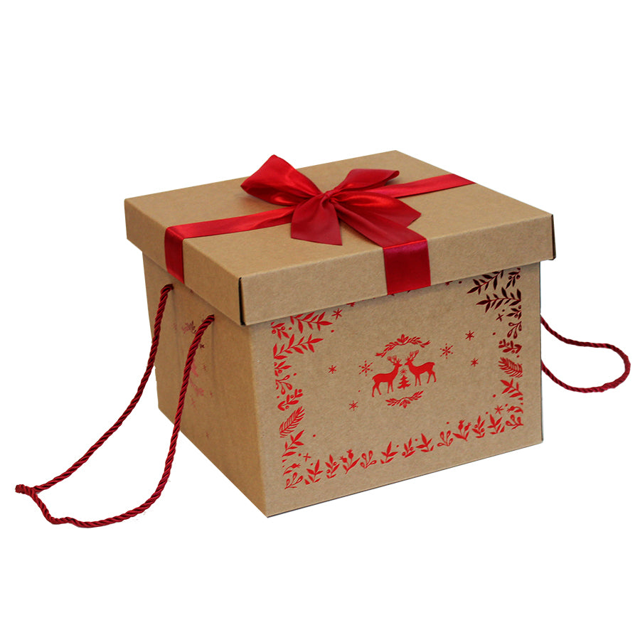 Cardboard Box with Lid and Drawstring Closure - Kraft and Red - "Reindeer"