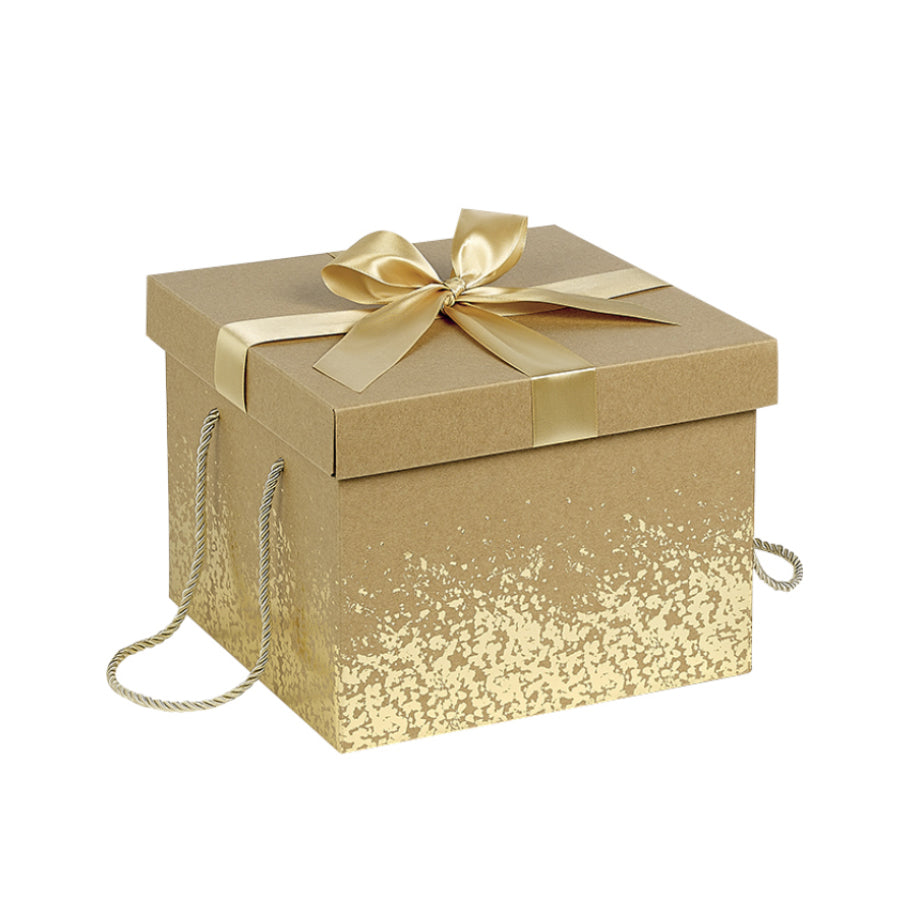 Cardboard Box with Lid and Base with Cord and Bow - Kraft and Gold - "Confetti"