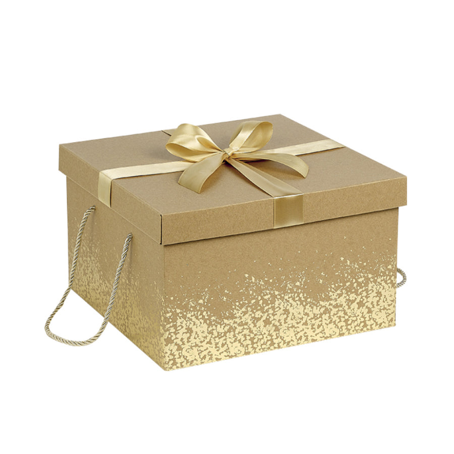 Cardboard Box with Lid and Base with Cord and Bow - Kraft and Gold - "Confetti"