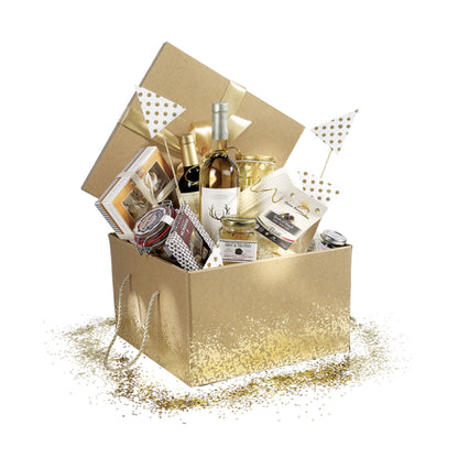 Cardboard Box with Lid and Base with Cord and Bow - Kraft and Gold - "Confetti"