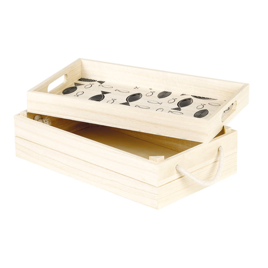 Caja con Tapa de Bandeja y Asa - Madera - "Peces"
