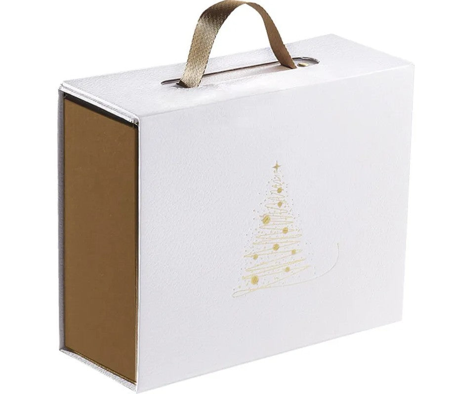 Box Bag with Handle and Magnet - White - "Gold Stamped Pine Tree"