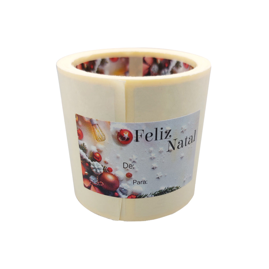 Etiqueta Autocolante Horizontal com "De/Para" - Multicor - "Feliz Natal/Bola e Estrelinhas"