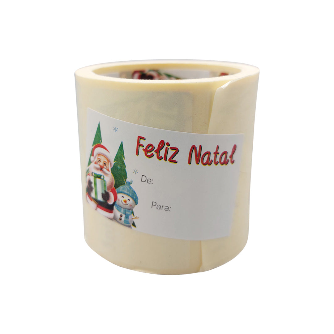 Etiqueta Autocolante Horizontal com "De/Para"- Vermelho e Branco - "Feliz Natal/Pai Natal"