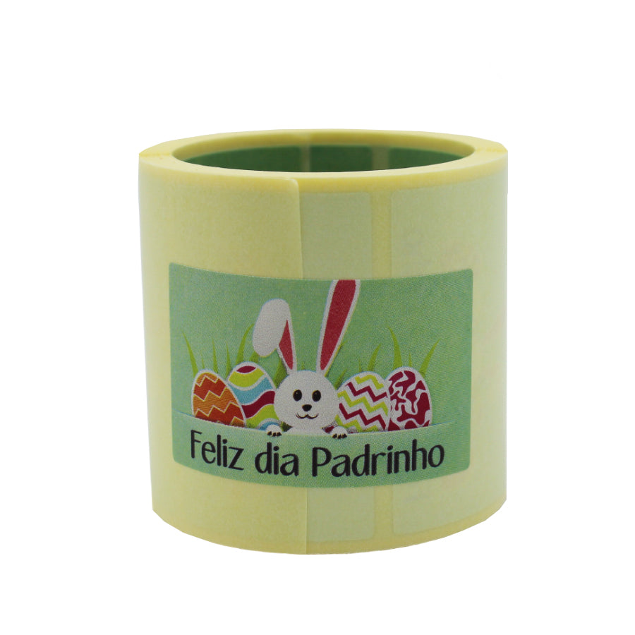 Etiqueta Autocolante Horizontal - Verde - "Feliz Dia Padrinho/Coelho e Ovos"
