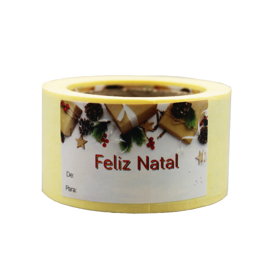 Etiqueta autoadhesiva horizontal con "De/Para" - Multicolor - "Feliz Navidad/Regalos"