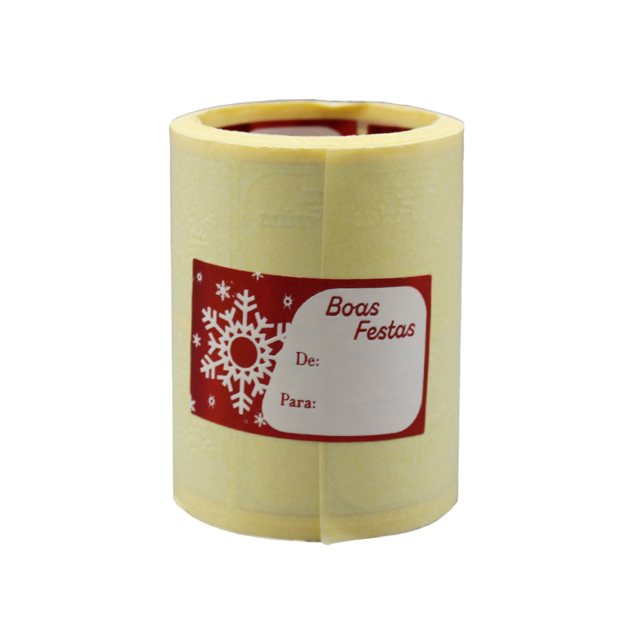 Etiqueta Autocolante Horizontal com "De/Para" - Vermelho - "Boas Festas/Floco de Neve"