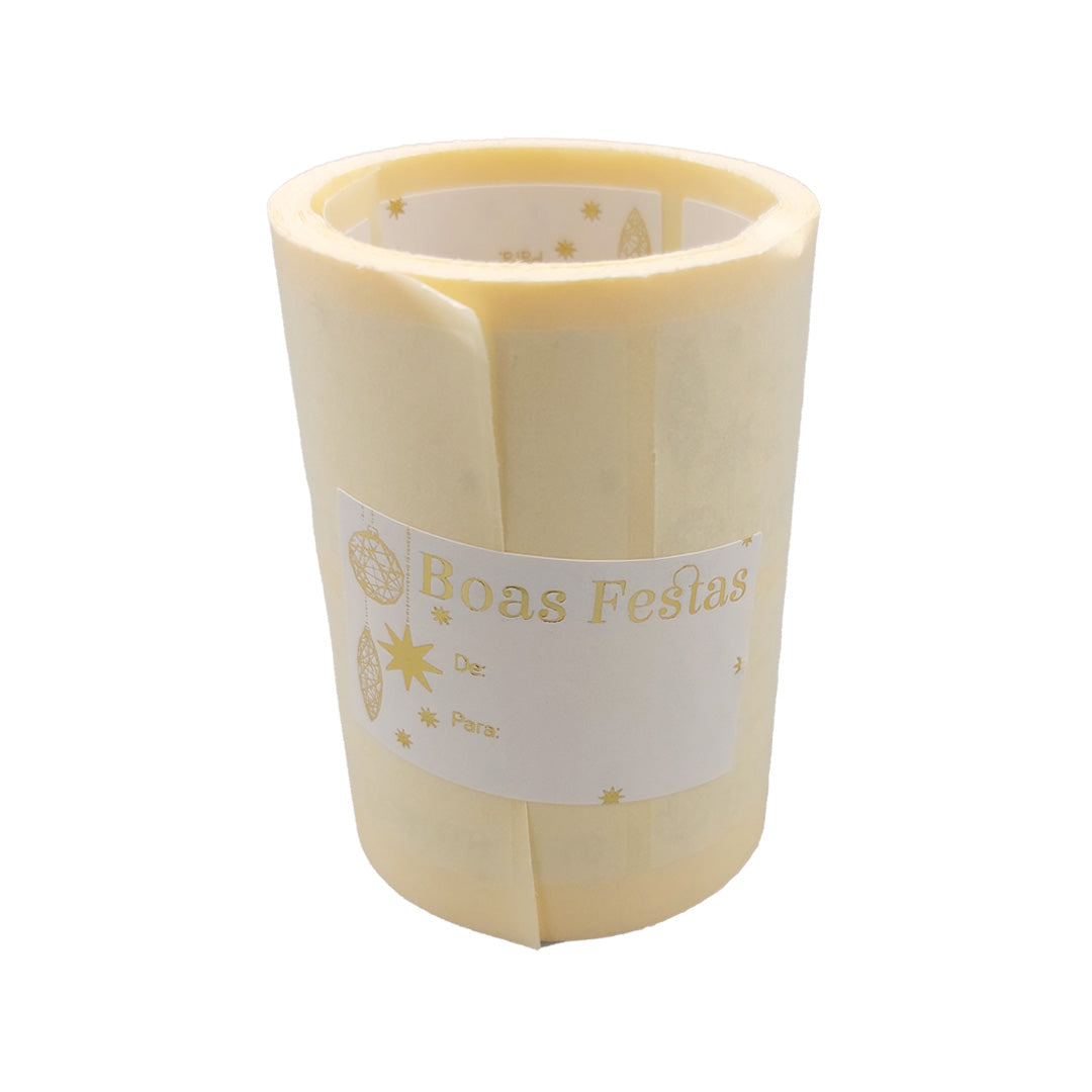 Etiqueta Autocolante Horizontal com "De/Para" - Branco e Dourado - "Boas Festas/Estrelas"
