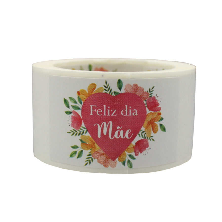 Etiqueta Autocolante Horizontal - Multicor - "Feliz Dia Mãe/Coração e Flores"