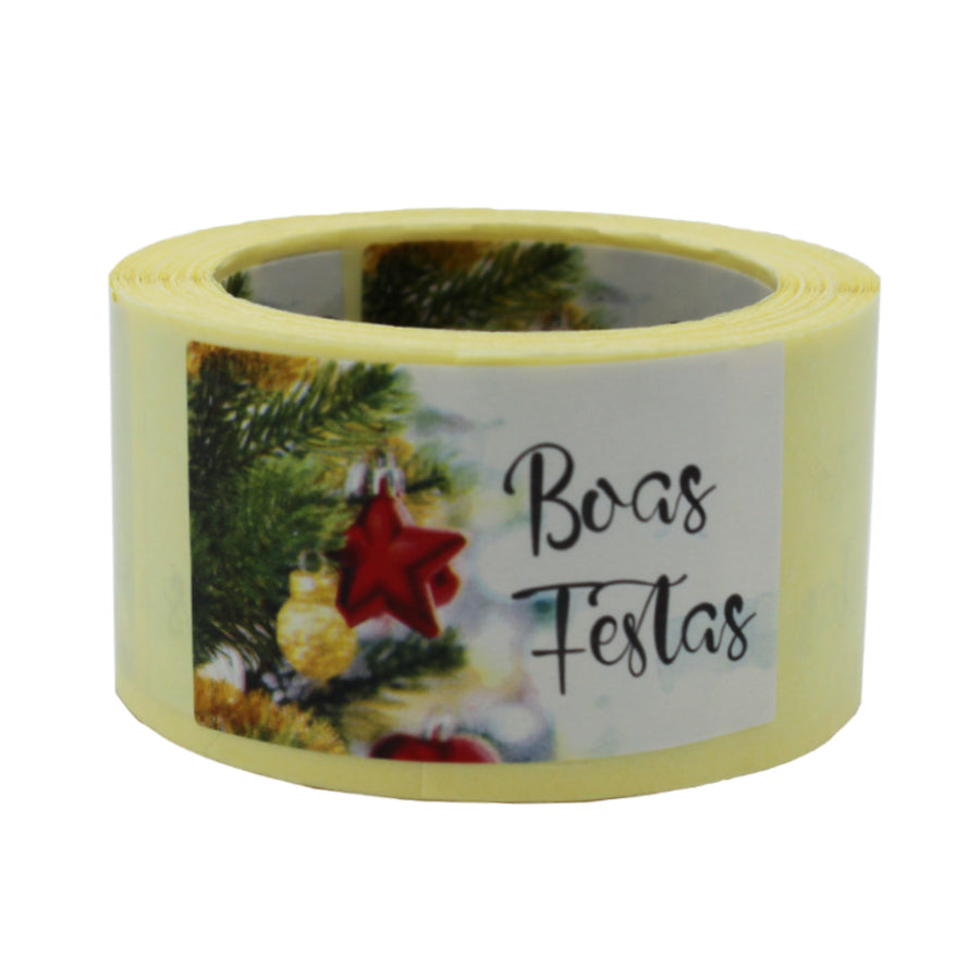 Etiqueta Autocolante Horizontal - Multicor - "Boas Festas/Pinheiro com Estrela Vermelha"