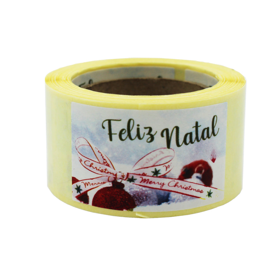 Etiqueta Autocolante Horizontal - Multicor - "Feliz Natal/Laço"
