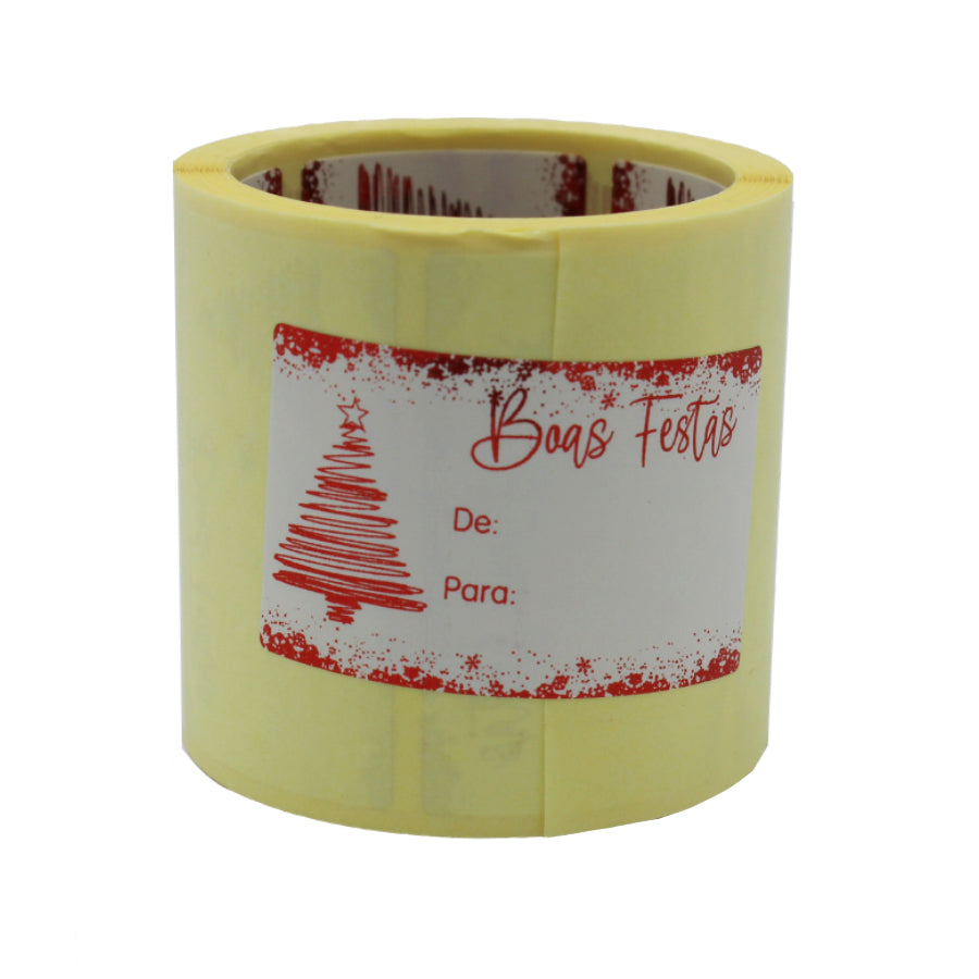 Horizontal Self-Adhesive Label with "To/From" - White and Red - "Happy Holidays/Pine Tree"