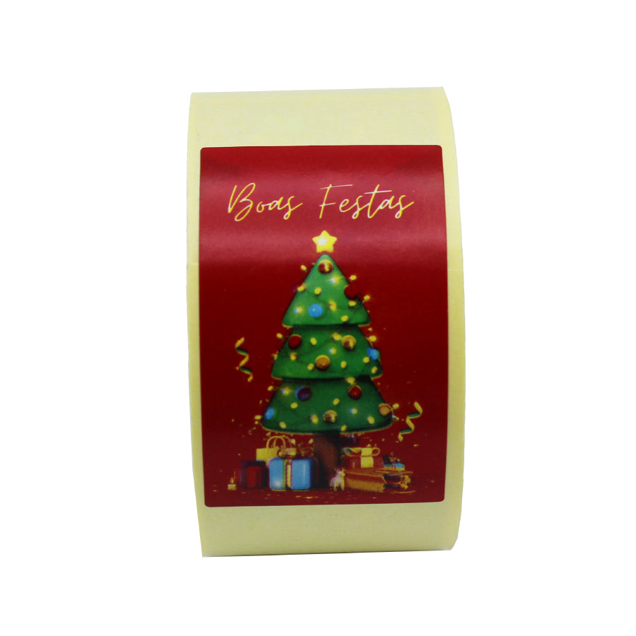 Etiqueta Autocolante Vertical - Vermelho e Verde - "Boas Festas/Árvore"