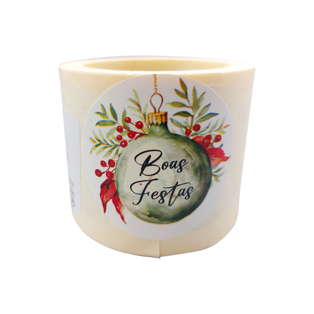 Etiqueta Adhesiva Redonda - Multicolor - "Felices Fiestas/Bola y Muérdago"