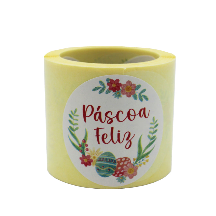 Etiqueta Adhesiva Redonda - Multicolor - "Pascua Feliz/Huevos y Flores" -