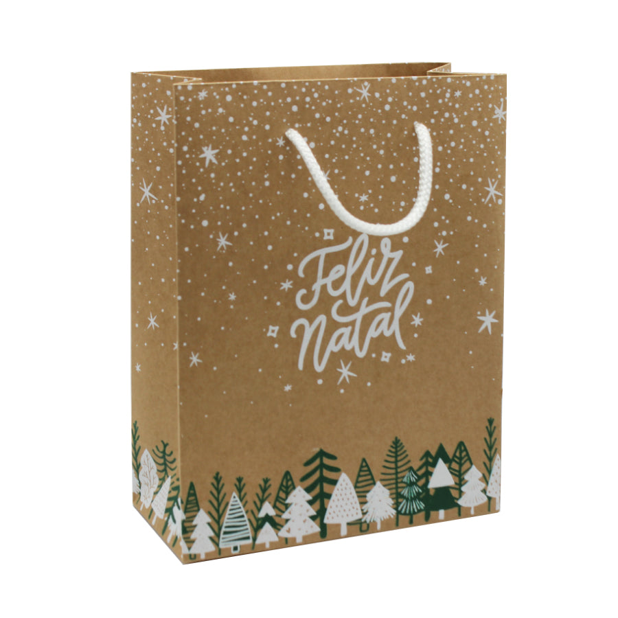 Sacos de Papel Kraft Natural 200g - Verde e Branco - "Feliz Natal"