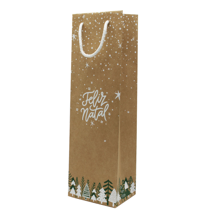 Natural Kraft Paper Gift Bags 200g for Bottles - Green and White - "Merry Christmas"