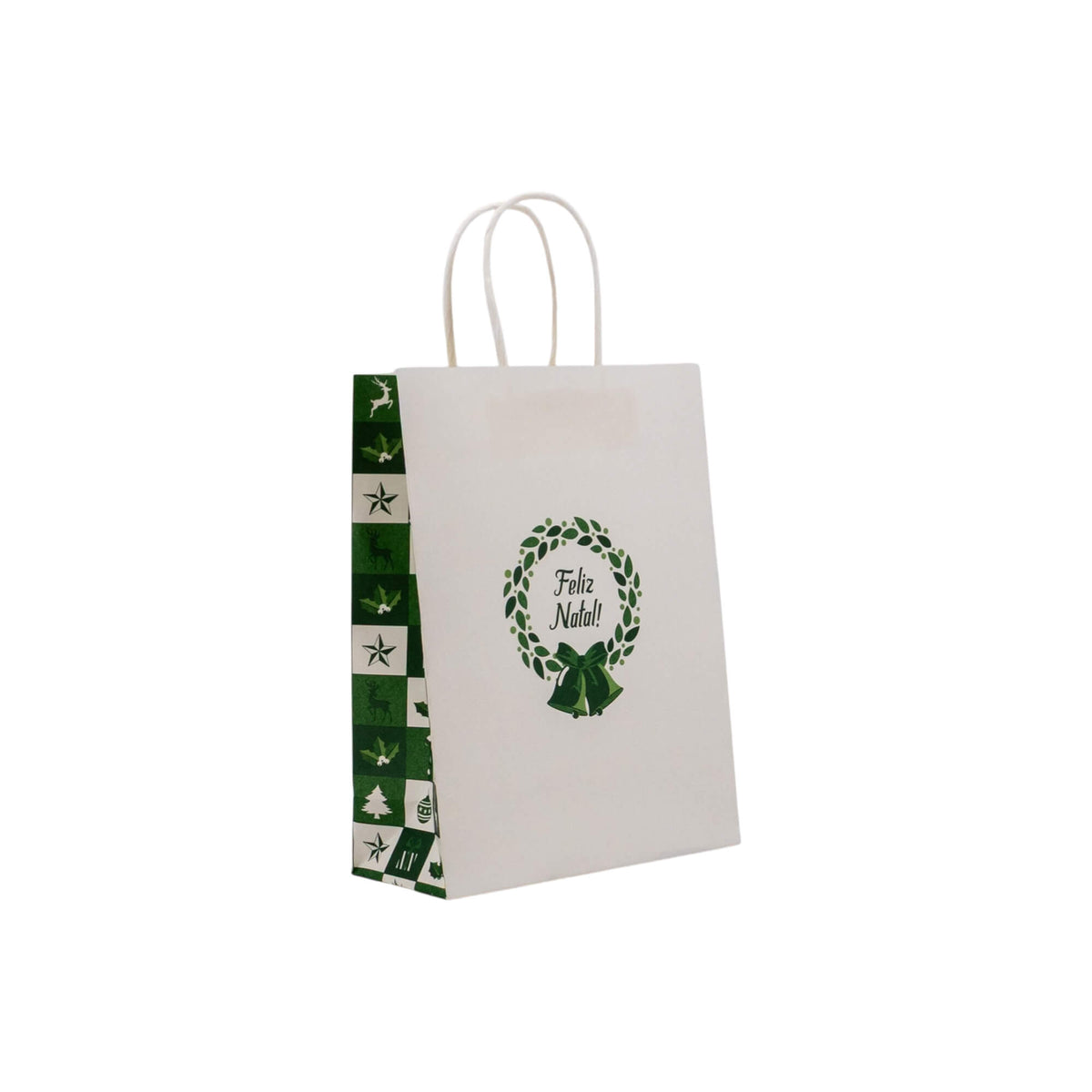 Sacos Asa Torcida Kraft Branco - Verde e Branco - "Bosque Inverno"