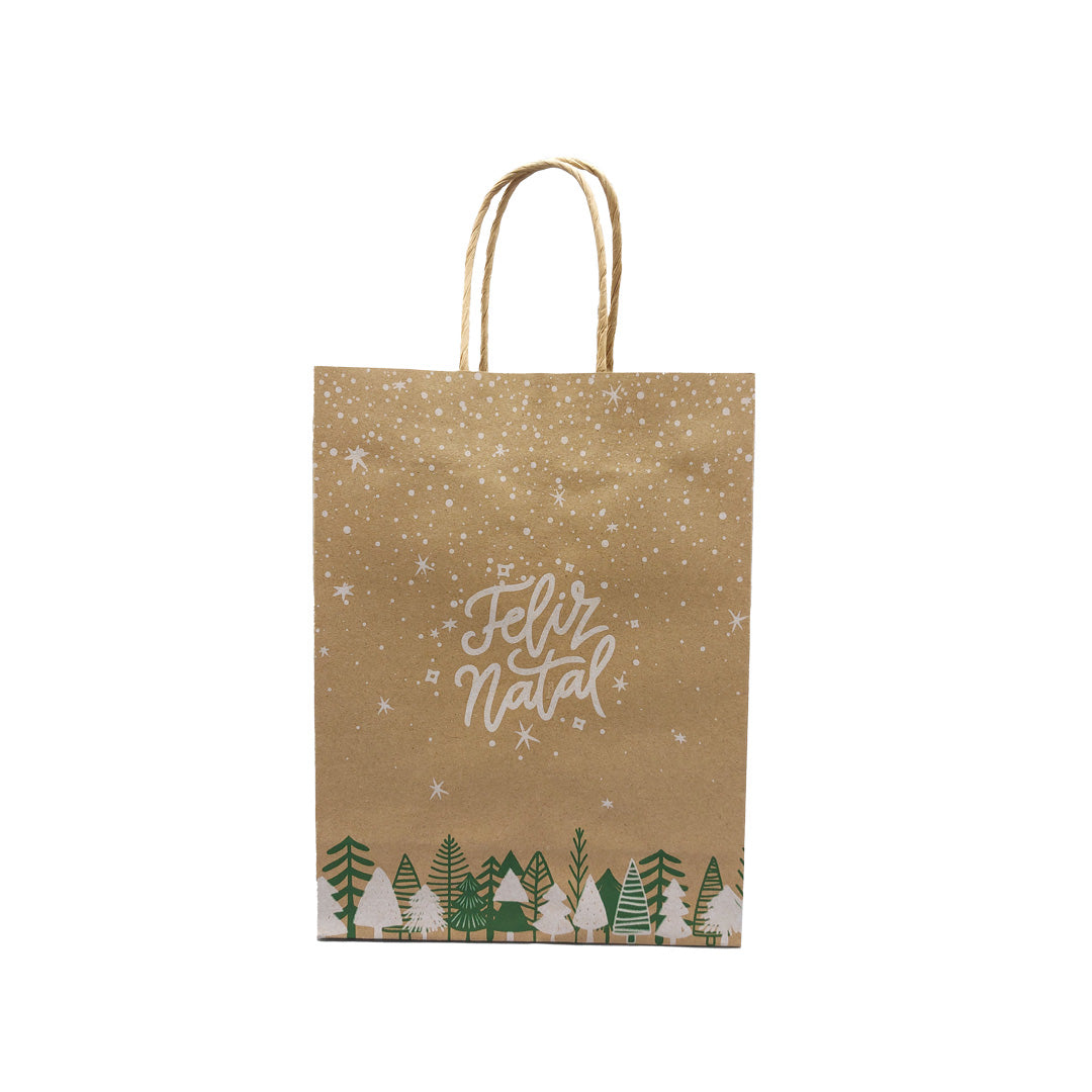 Bolsas Asa Retorcida Kraft Natural - Verde y Blanco - "Feliz Navidad"