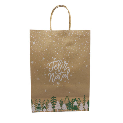 Bolsas Asa Retorcida Kraft Natural - Verde y Blanco - "Feliz Navidad"