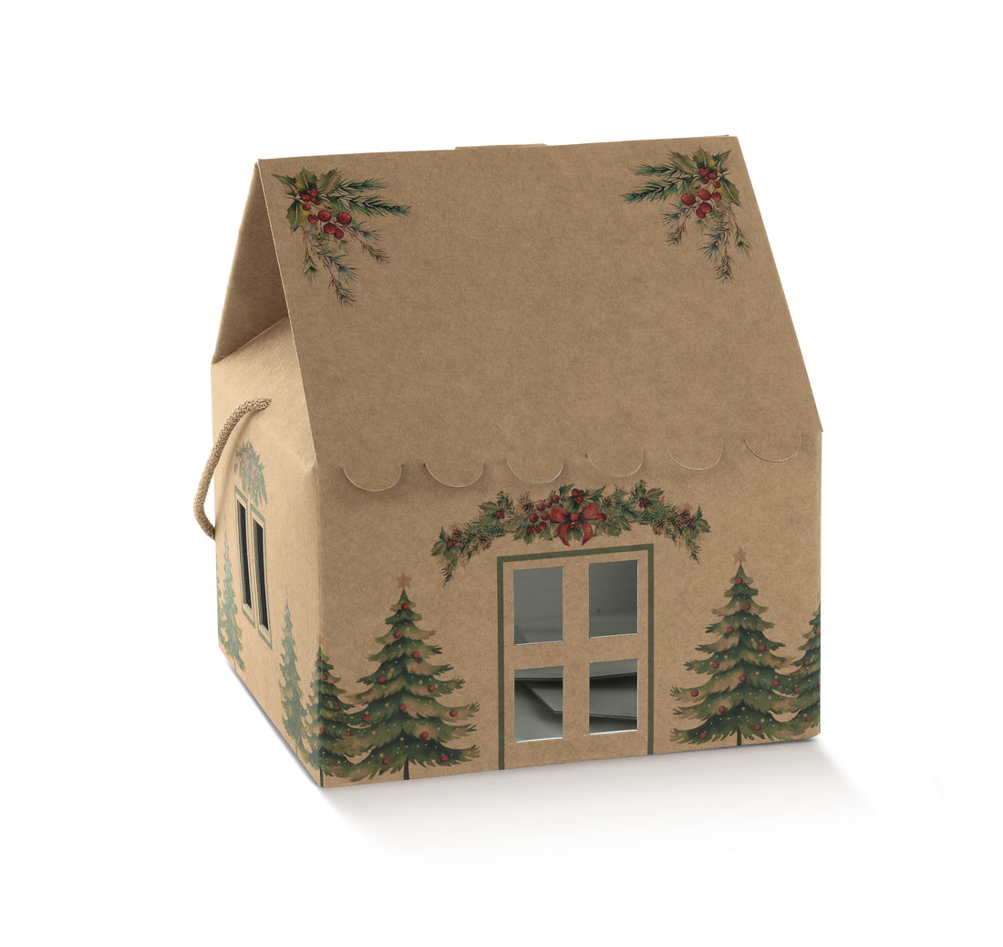 Caixa Casa com Cordão - Kraft e Verde - "Pini"