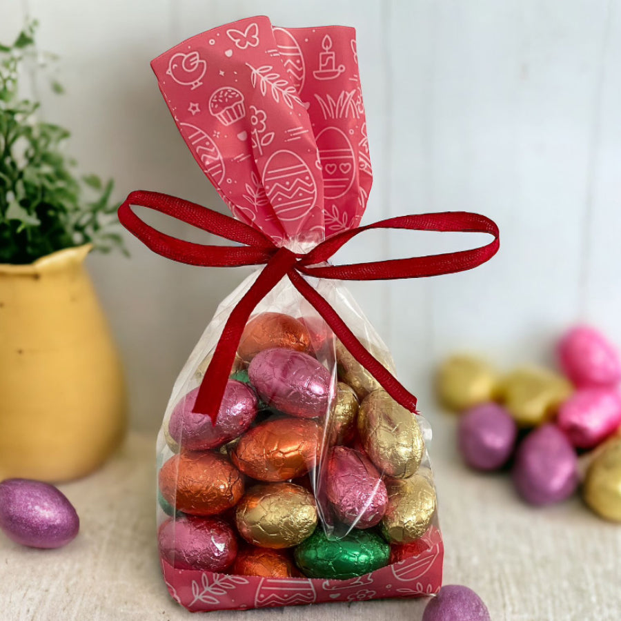Cellophane Bag with Gusset - Transparent and Pink - "Easter"
